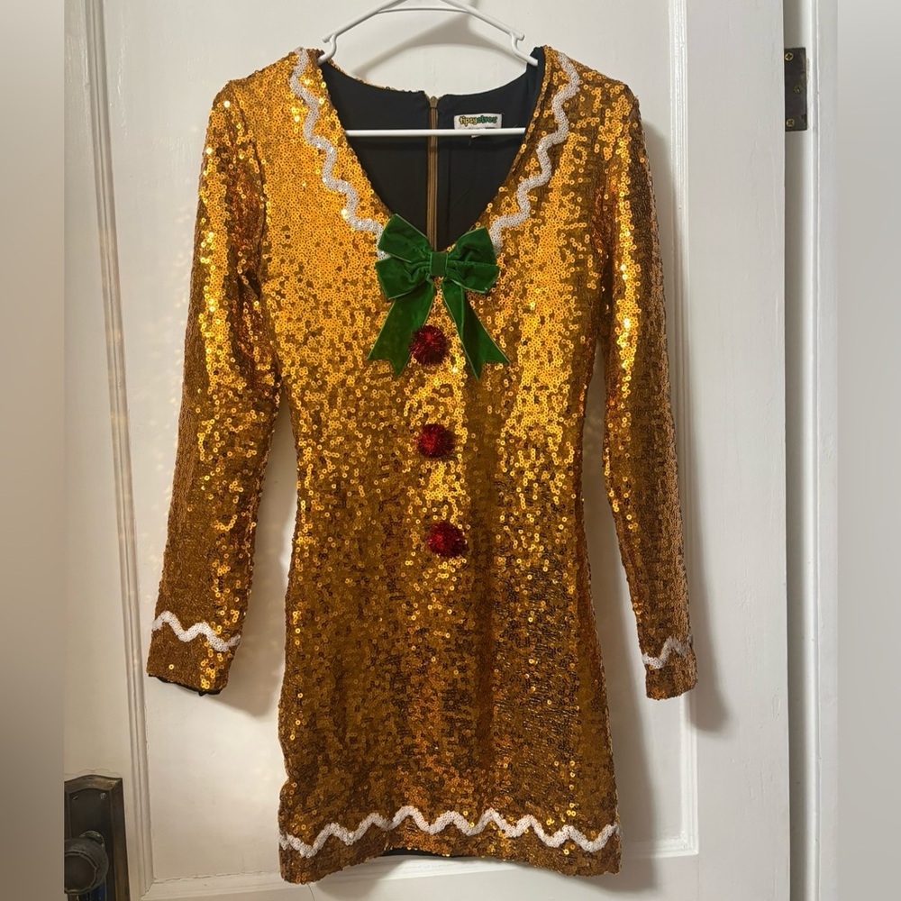 Tipsy Elves Gold Sequin Mini Dress with Green Bow -Gingerbread
